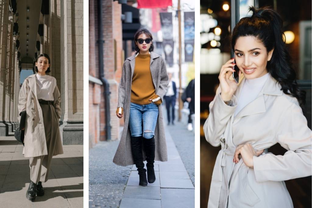 3 meninas vestindo um trench coats