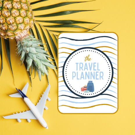 20-page Travel Planner Cover pineapple, toy airplane and e-book with digital trael planner