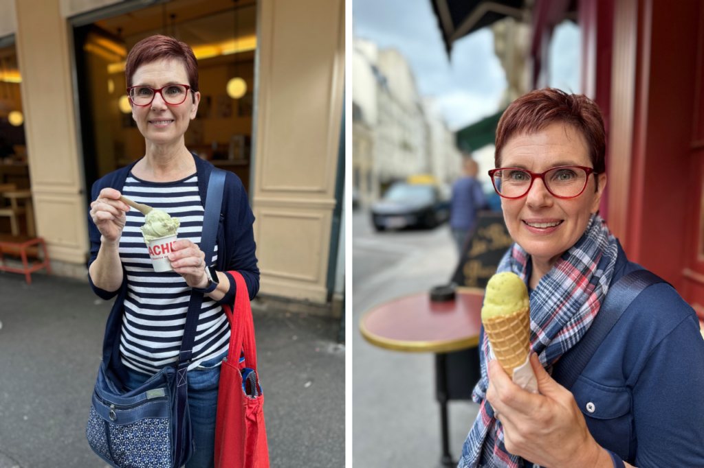 Andi eating ice cream in paris